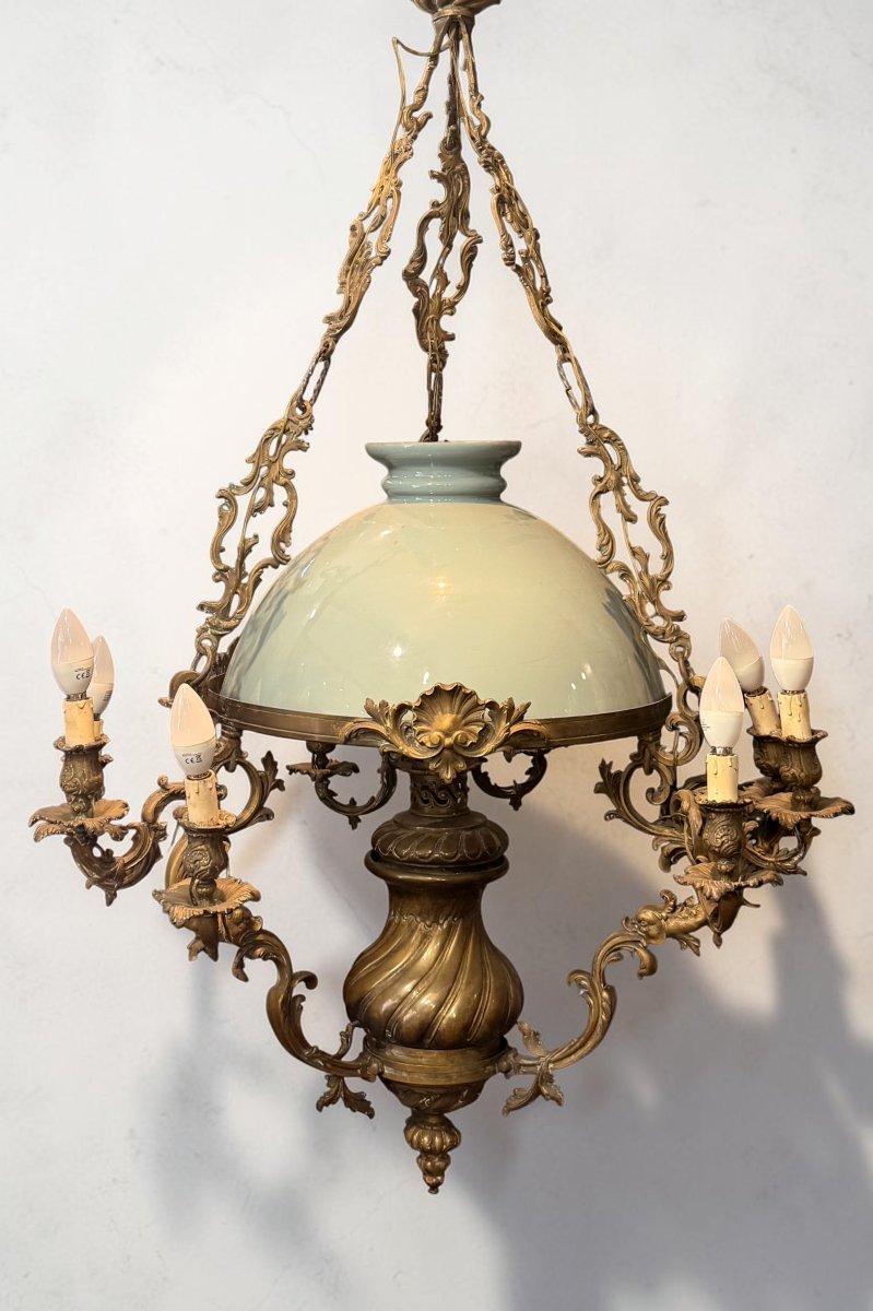 Lustre en Bronze et Laiton avec cloche en Opaline - Italie, début du XXe siècle